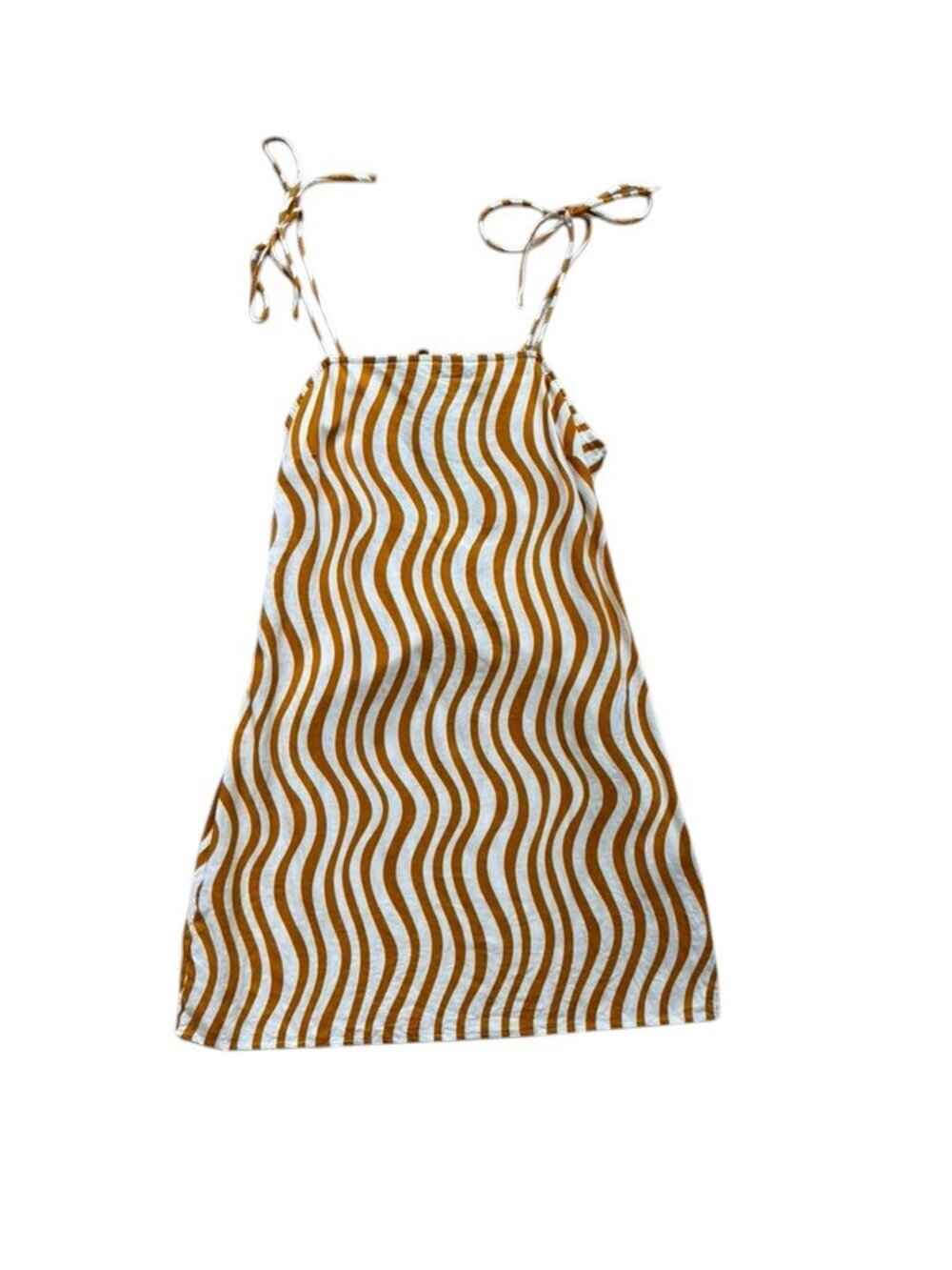 Future Collective Linen Rayon Mini Dress XS Brown White Tie Strap Summer Beach.
